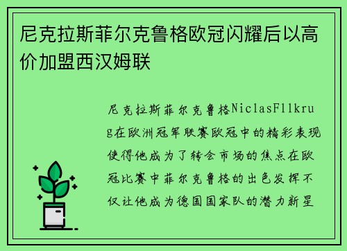 尼克拉斯菲尔克鲁格欧冠闪耀后以高价加盟西汉姆联 尼克拉斯菲尔克鲁格欧冠闪耀后以高价加盟西汉姆联